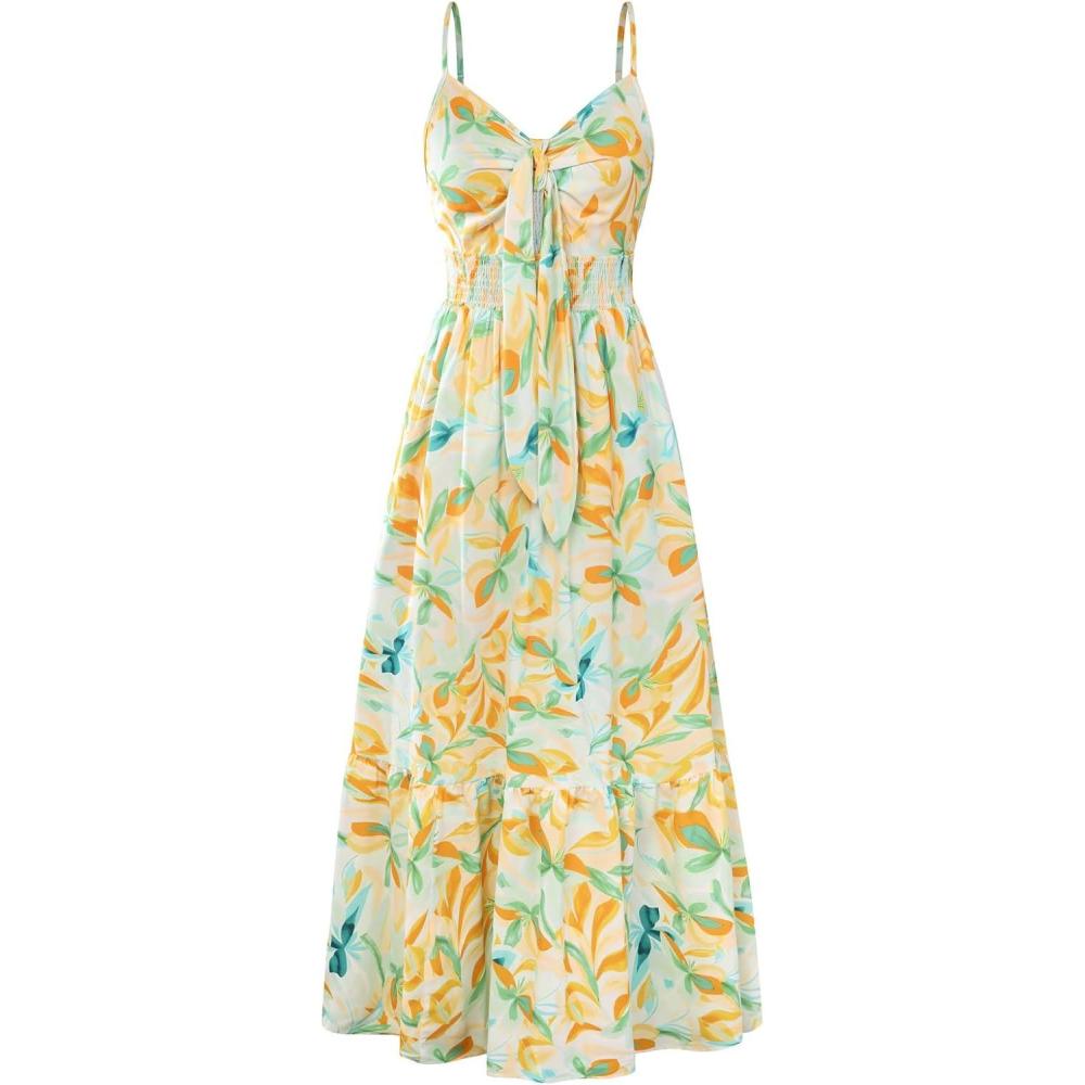 imageGRACE KARIN Womens 2026 Summer Maxi Dress Floral Tie Front Spaghetti Strap Casual Boho Beach Flowy Sundress with PocketsGreen Yellow Flower