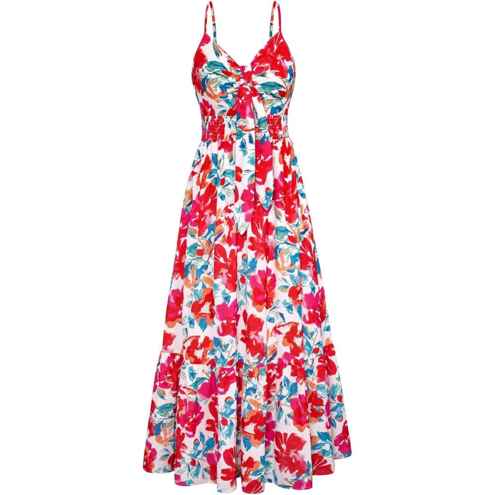 imageGRACE KARIN Womens 2026 Summer Maxi Dress Floral Tie Front Spaghetti Strap Casual Boho Beach Flowy Sundress with PocketsRed Blue Floral