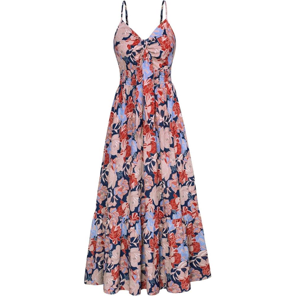 imageGRACE KARIN Womens 2026 Summer Maxi Dress Floral Tie Front Spaghetti Strap Casual Boho Beach Flowy Sundress with PocketsRed Yellow Floral