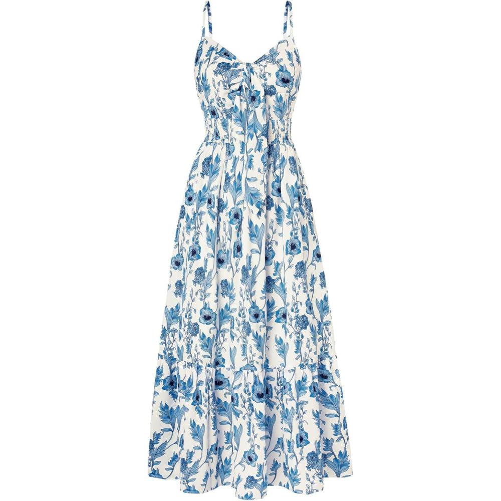 imageGRACE KARIN Womens 2026 Summer Maxi Dress Floral Tie Front Spaghetti Strap Casual Boho Beach Flowy Sundress with PocketsWhite Blue Vine
