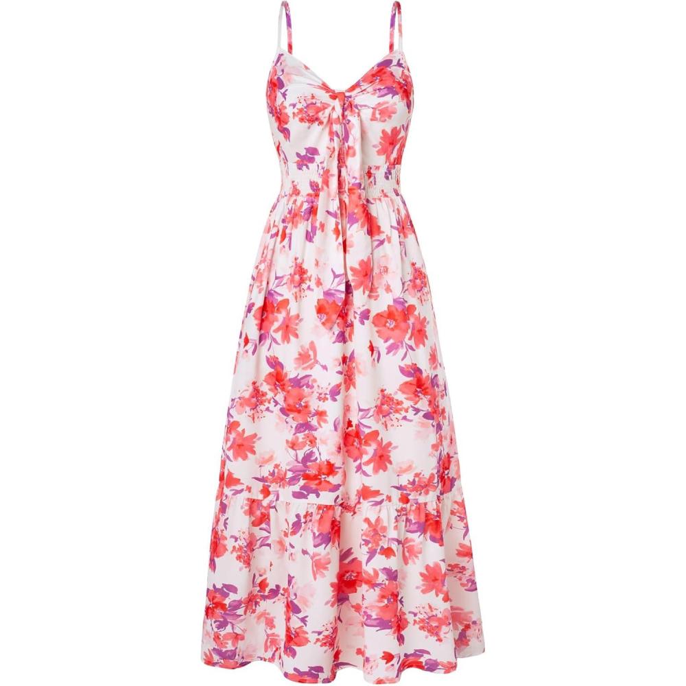 imageGRACE KARIN Womens 2026 Summer Maxi Dress Floral Tie Front Spaghetti Strap Casual Boho Beach Flowy Sundress with PocketsWhite Red Floral