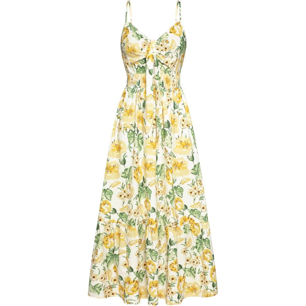 imageGRACE KARIN Womens 2026 Summer Maxi Dress Floral Tie Front Spaghetti Strap Casual Boho Beach Flowy Sundress with PocketsWhite Yellow Flowers