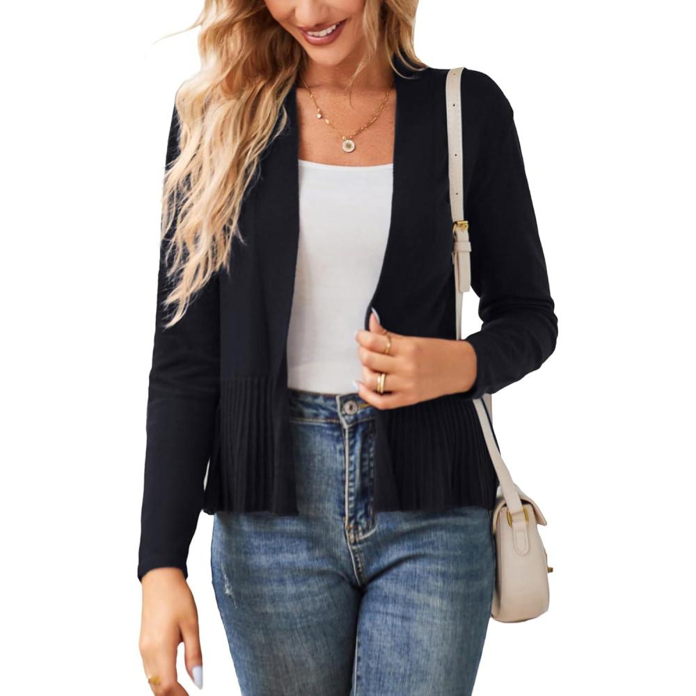 imageGRACE KARIN Womens Lightweight Draped Open Front Cropped Cardigan Long Sleeve Sweaters Peplum Knit TopsBlack