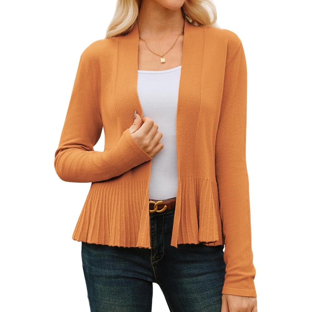 imageGRACE KARIN Womens Lightweight Draped Open Front Cropped Cardigan Long Sleeve Sweaters Peplum Knit TopsBright Brown