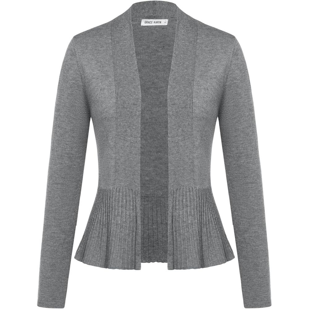 imageGRACE KARIN Womens Lightweight Draped Open Front Cropped Cardigan Long Sleeve Sweaters Peplum Knit TopsDark Gray