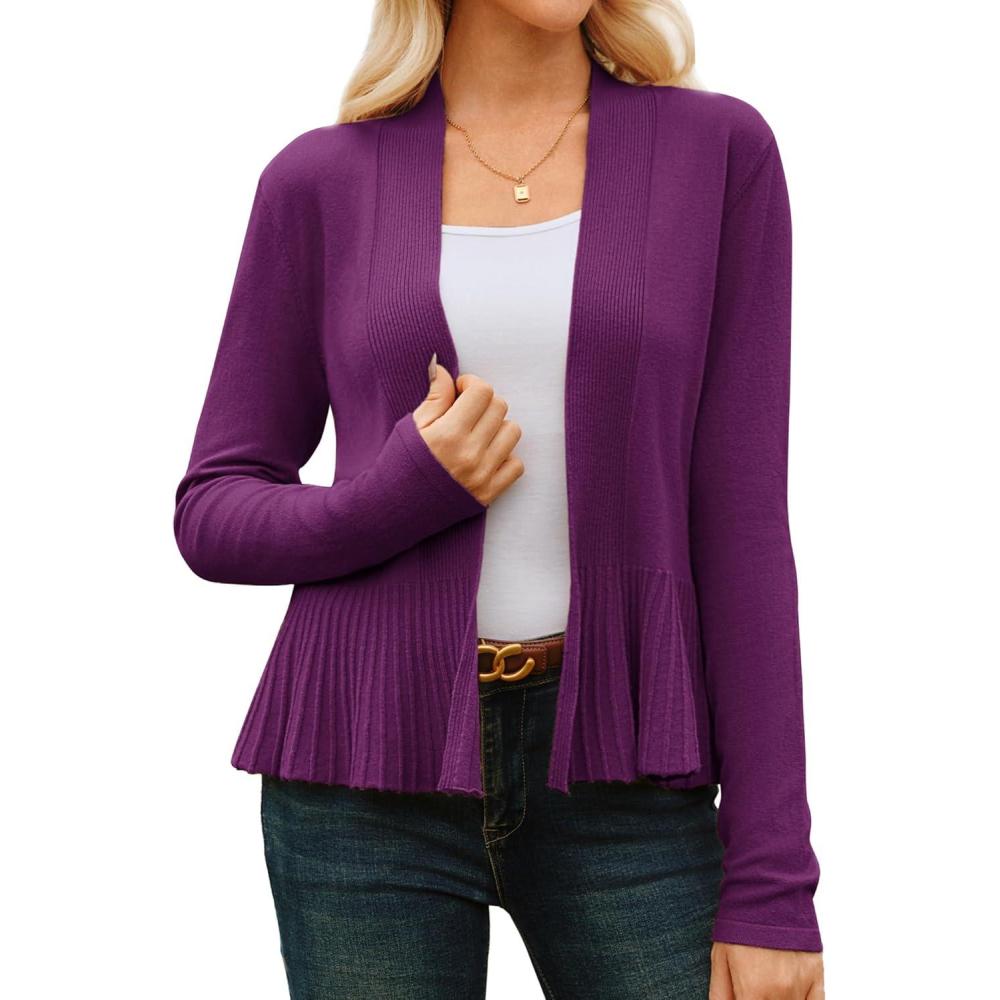 imageGRACE KARIN Womens Lightweight Draped Open Front Cropped Cardigan Long Sleeve Sweaters Peplum Knit TopsMulberry