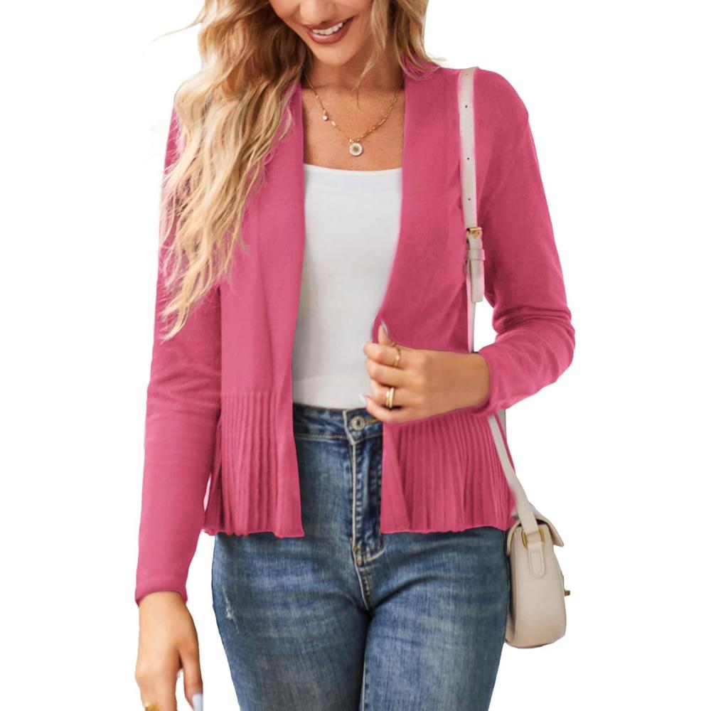imageGRACE KARIN Womens Lightweight Draped Open Front Cropped Cardigan Long Sleeve Sweaters Peplum Knit TopsPeach Red