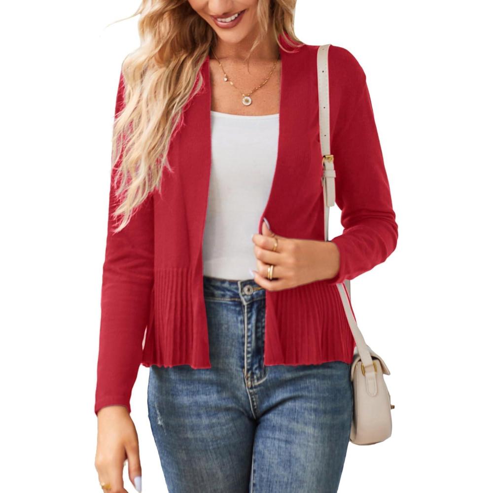 imageGRACE KARIN Womens Lightweight Draped Open Front Cropped Cardigan Long Sleeve Sweaters Peplum Knit TopsRed