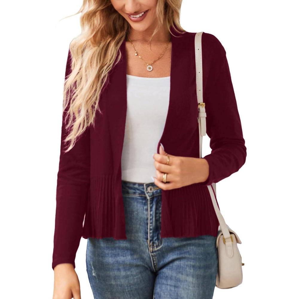 imageGRACE KARIN Womens Lightweight Draped Open Front Cropped Cardigan Long Sleeve Sweaters Peplum Knit TopsWine Red