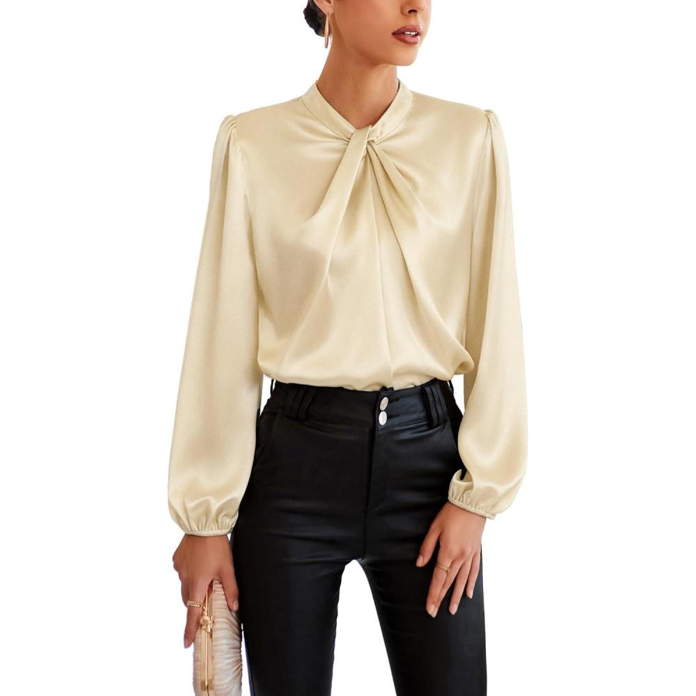 imageGRACE KARIN Womens Long Sleeve Satin BlouseMock Neck Work Silk ShirtsDressy Tops for Business Casual OfficeApricot