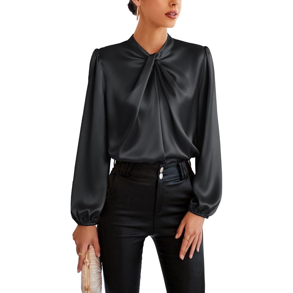 imageGRACE KARIN Womens Long Sleeve Satin BlouseMock Neck Work Silk ShirtsDressy Tops for Business Casual OfficeBlack
