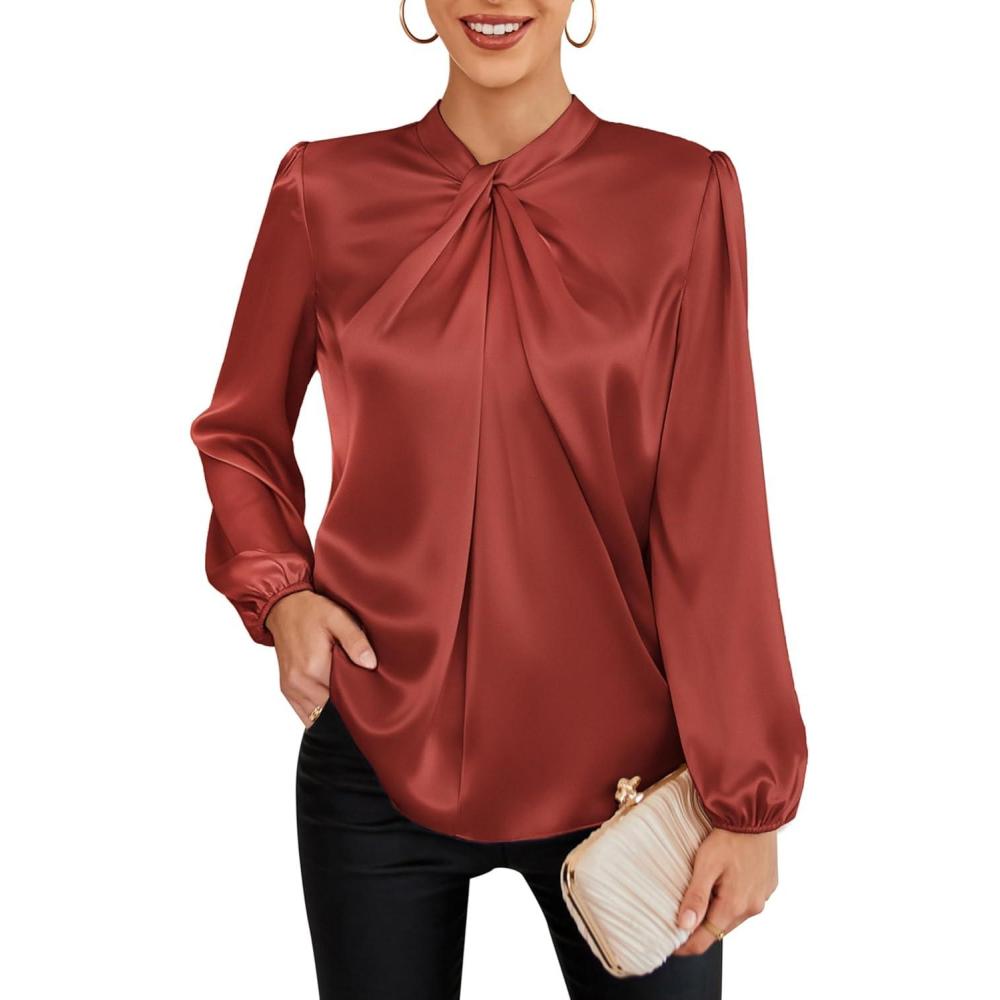 imageGRACE KARIN Womens Long Sleeve Satin BlouseMock Neck Work Silk ShirtsDressy Tops for Business Casual OfficeBrick Red