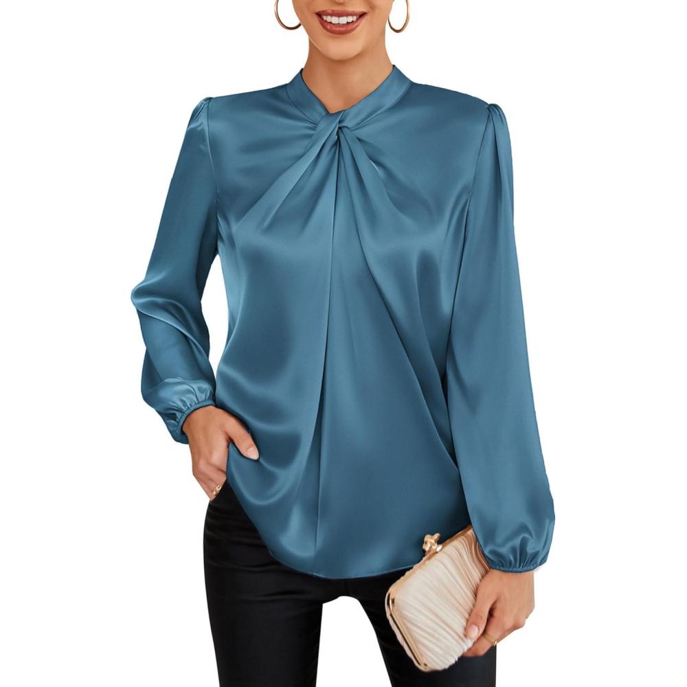 imageGRACE KARIN Womens Long Sleeve Satin BlouseMock Neck Work Silk ShirtsDressy Tops for Business Casual OfficeGrey Blue