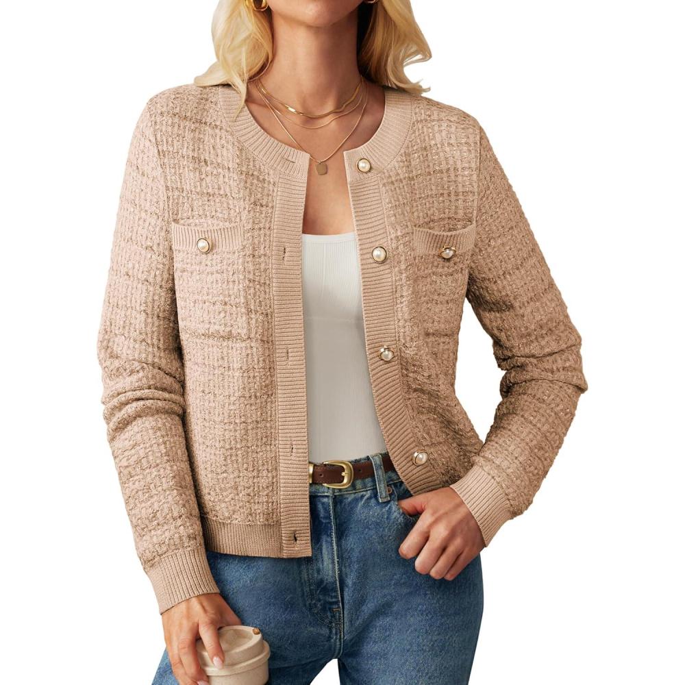 imageGRACE KARIN Womens Open Front Button Down Long Sleeve Texture Knit Cardigan Sweaters with PocketsApricot