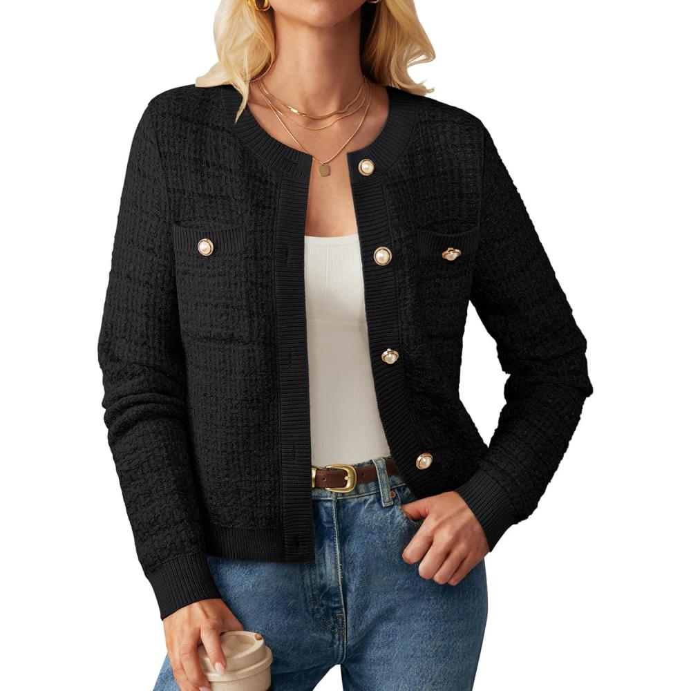 imageGRACE KARIN Womens Open Front Button Down Long Sleeve Texture Knit Cardigan Sweaters with PocketsBlack