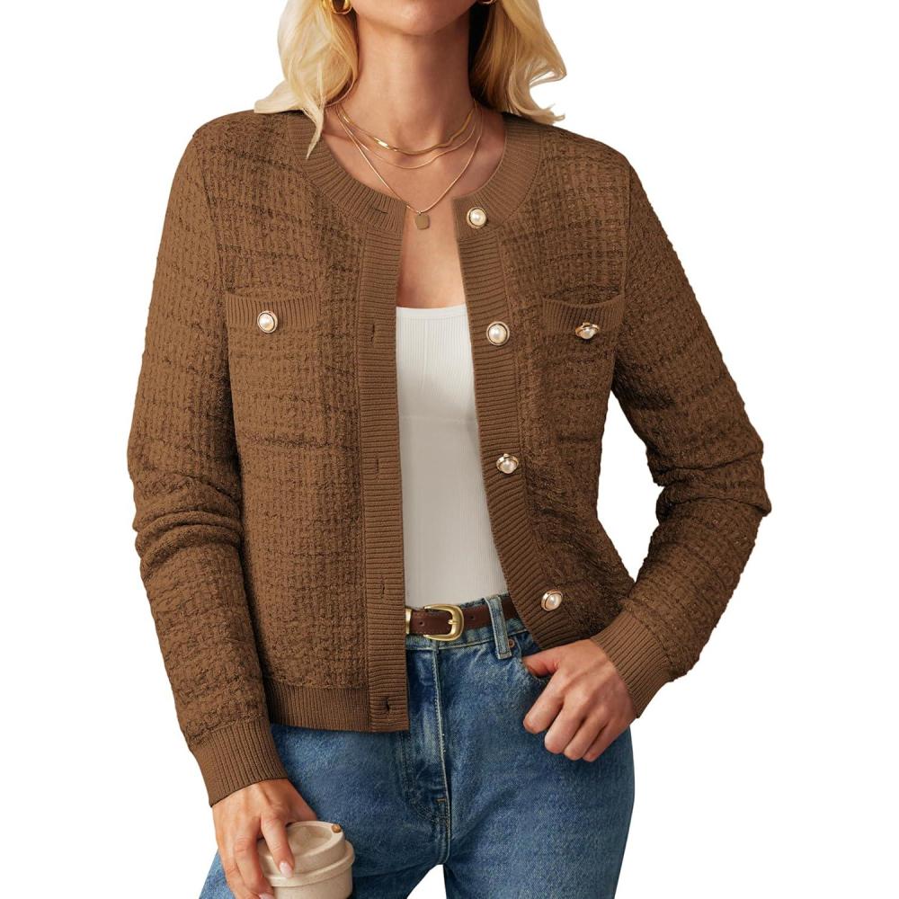 imageGRACE KARIN Womens Open Front Button Down Long Sleeve Texture Knit Cardigan Sweaters with PocketsBrown