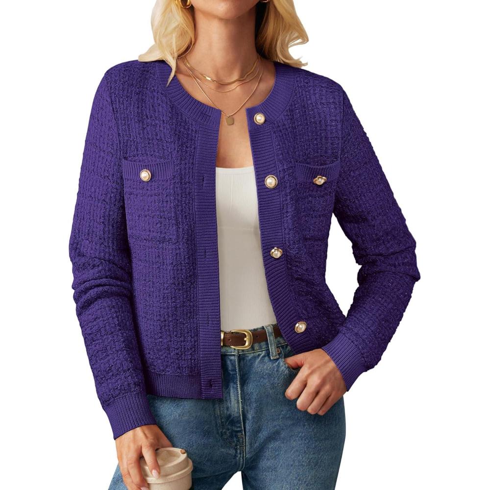 imageGRACE KARIN Womens Open Front Button Down Long Sleeve Texture Knit Cardigan Sweaters with PocketsDark Purple