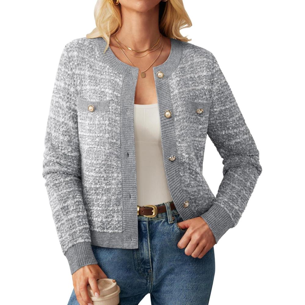 imageGRACE KARIN Womens Open Front Button Down Long Sleeve Texture Knit Cardigan Sweaters with PocketsGray