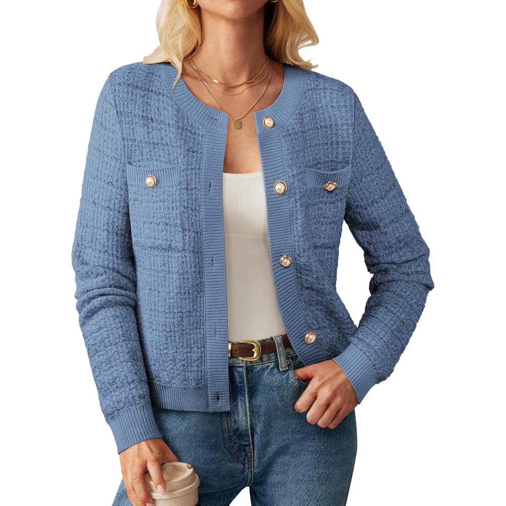 imageGRACE KARIN Womens Open Front Button Down Long Sleeve Texture Knit Cardigan Sweaters with PocketsLight Blue