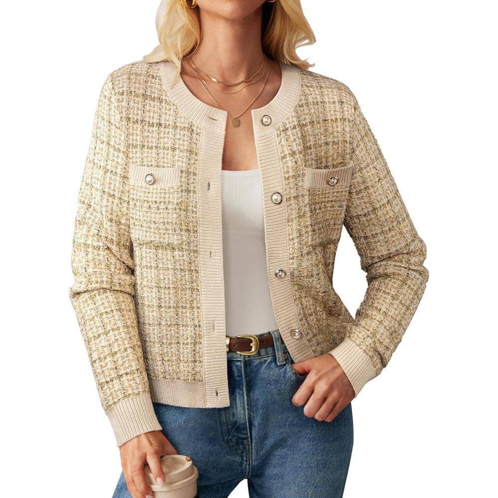 imageGRACE KARIN Womens Open Front Button Down Long Sleeve Texture Knit Cardigan Sweaters with PocketsLight Khaki