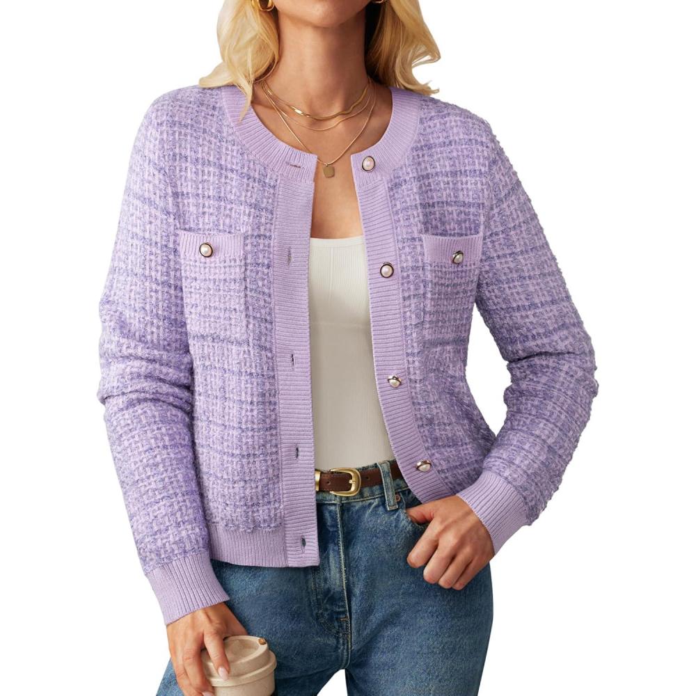 imageGRACE KARIN Womens Open Front Button Down Long Sleeve Texture Knit Cardigan Sweaters with PocketsLilac