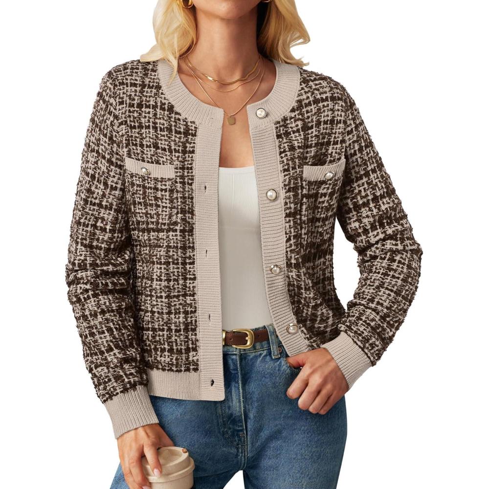imageGRACE KARIN Womens Open Front Button Down Long Sleeve Texture Knit Cardigan Sweaters with PocketsMix Brown