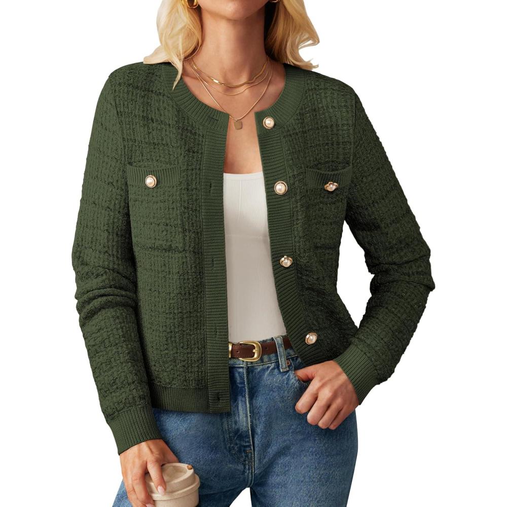 imageGRACE KARIN Womens Open Front Button Down Long Sleeve Texture Knit Cardigan Sweaters with PocketsOlive Green