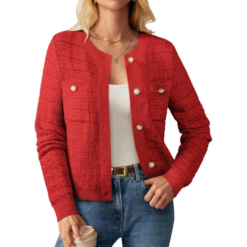 imageGRACE KARIN Womens Open Front Button Down Long Sleeve Texture Knit Cardigan Sweaters with PocketsRed