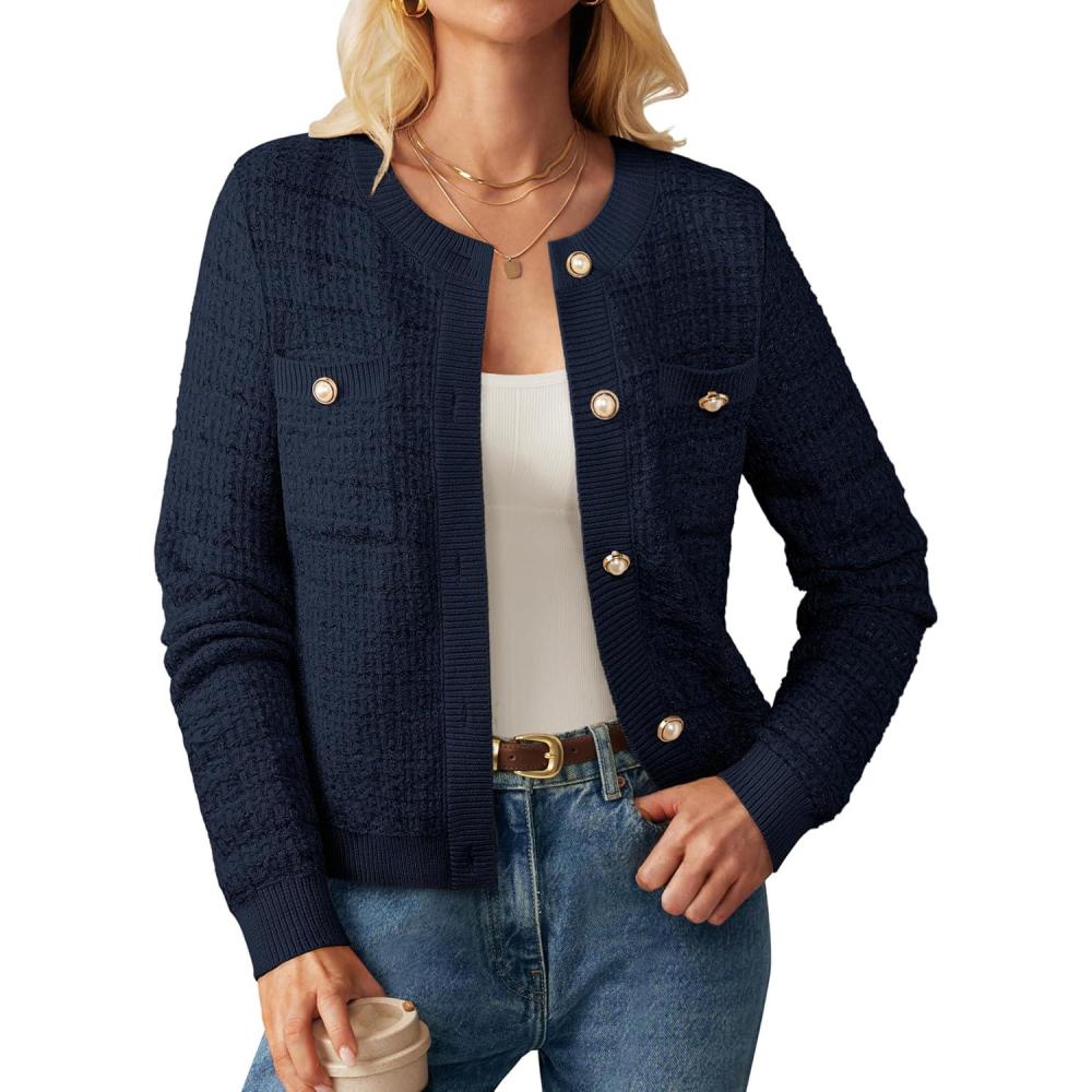 imageGRACE KARIN Womens Open Front Button Down Long Sleeve Texture Knit Cardigan Sweaters with PocketsRoyal Blue