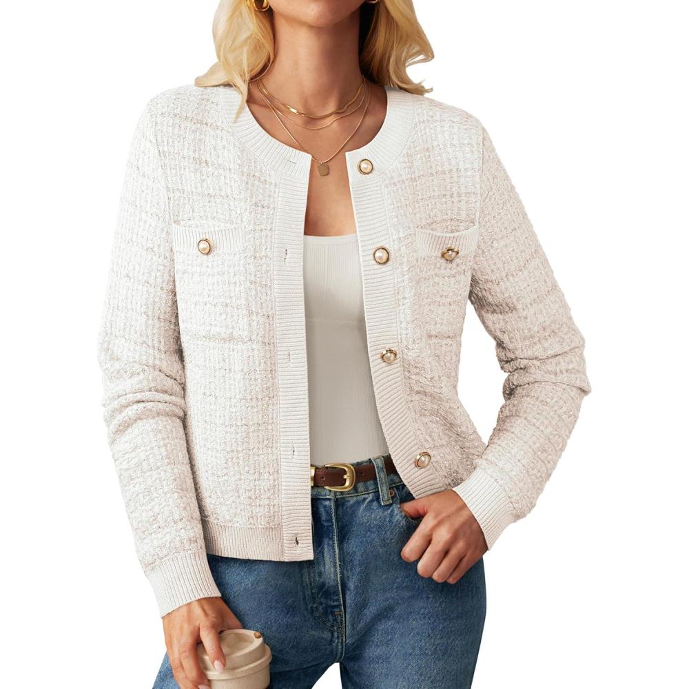 imageGRACE KARIN Womens Open Front Button Down Long Sleeve Texture Knit Cardigan Sweaters with PocketsWhite