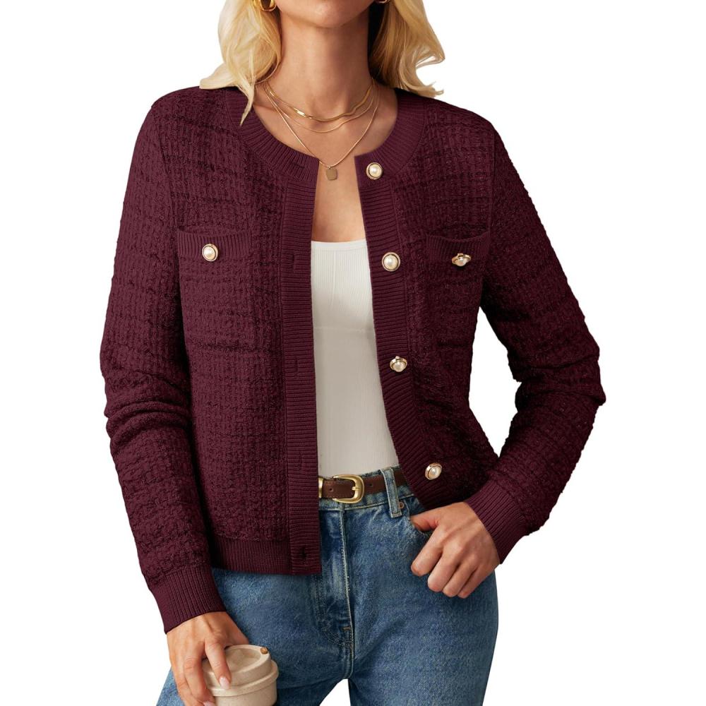 imageGRACE KARIN Womens Open Front Button Down Long Sleeve Texture Knit Cardigan Sweaters with PocketsWine Red