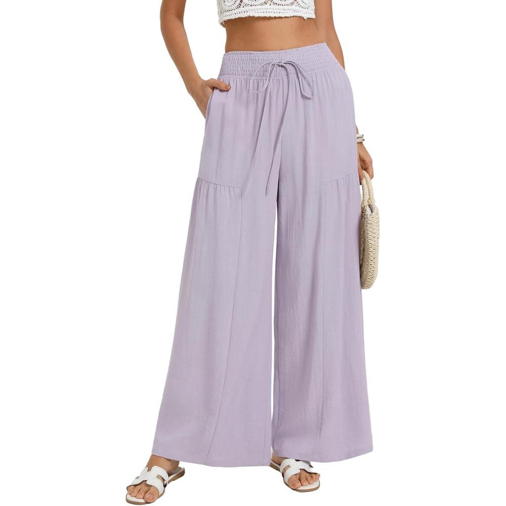 imageGRACE KARIN Womens Palazzo Pants Summer High Waist Boho Wide Leg Casual Flowy Pants Beach Vacation Outfits with PocketsPurple