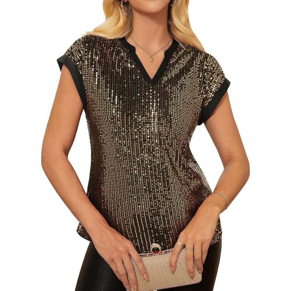 imageGRACE KARIN Womens Sequin Sparkly Tops Cap Sleeve Dressy Blouses Glitter Party Tops V Neck Disco Shirts Club Concert OutfitsBlack Gold