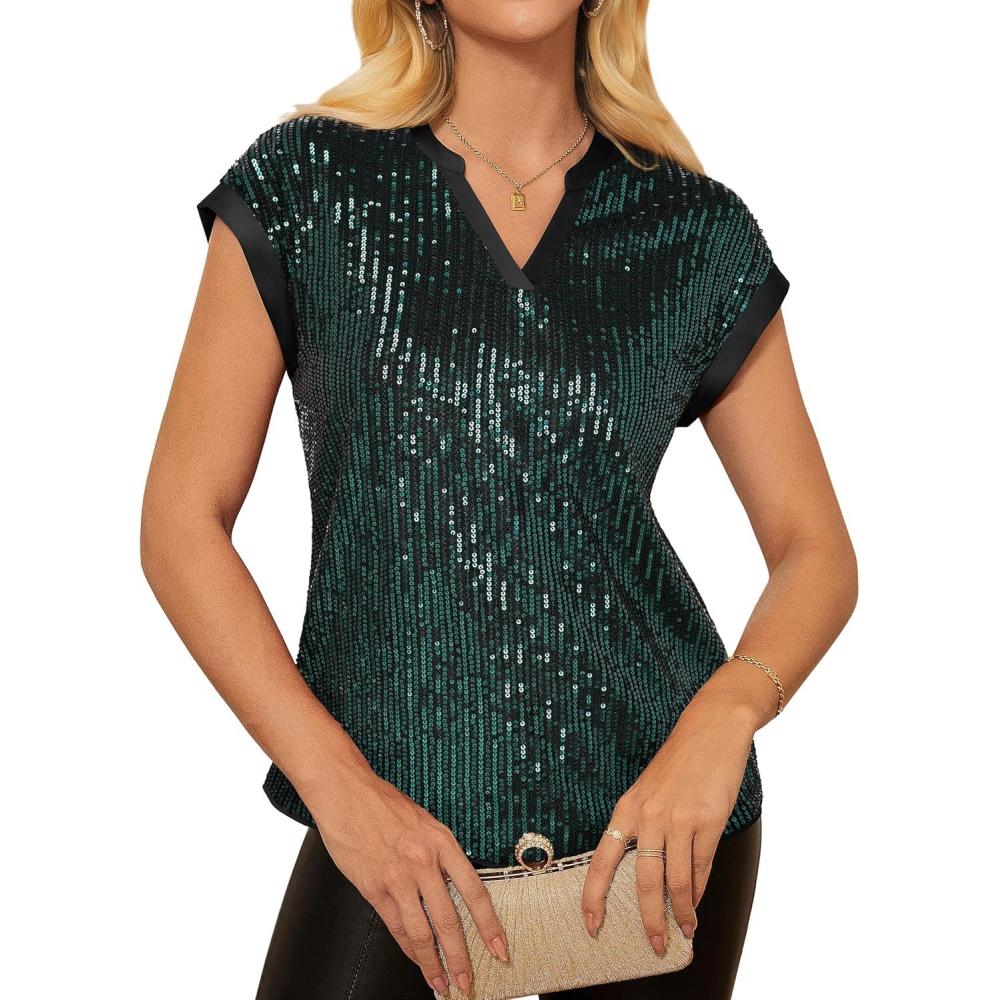 imageGRACE KARIN Womens Sequin Sparkly Tops Cap Sleeve Dressy Blouses Glitter Party Tops V Neck Disco Shirts Club Concert OutfitsDark Green