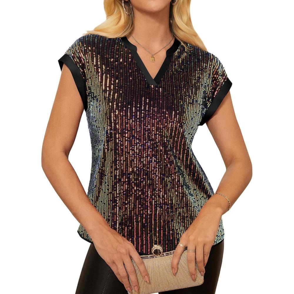 imageGRACE KARIN Womens Sequin Sparkly Tops Cap Sleeve Dressy Blouses Glitter Party Tops V Neck Disco Shirts Club Concert OutfitsDazzling Black