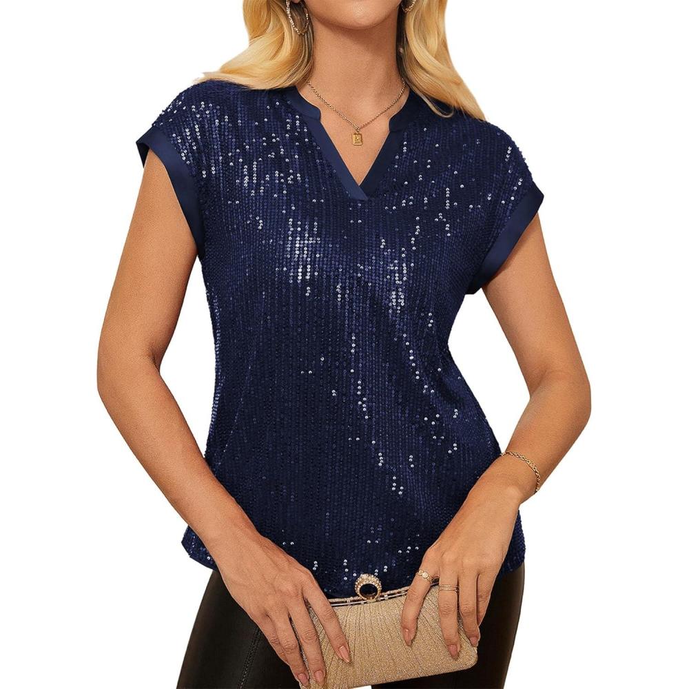 imageGRACE KARIN Womens Sequin Sparkly Tops Cap Sleeve Dressy Blouses Glitter Party Tops V Neck Disco Shirts Club Concert OutfitsNavy Blue