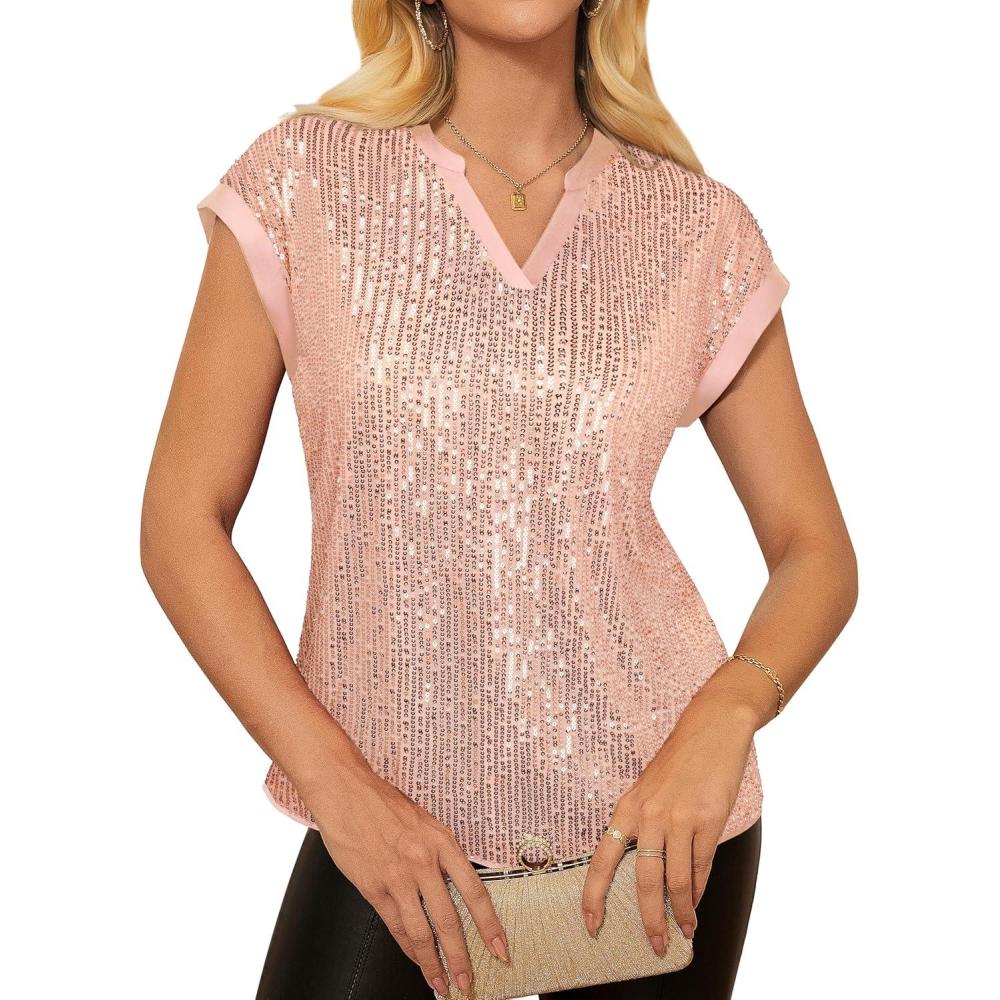 imageGRACE KARIN Womens Sequin Sparkly Tops Cap Sleeve Dressy Blouses Glitter Party Tops V Neck Disco Shirts Club Concert OutfitsRose Gold Pink