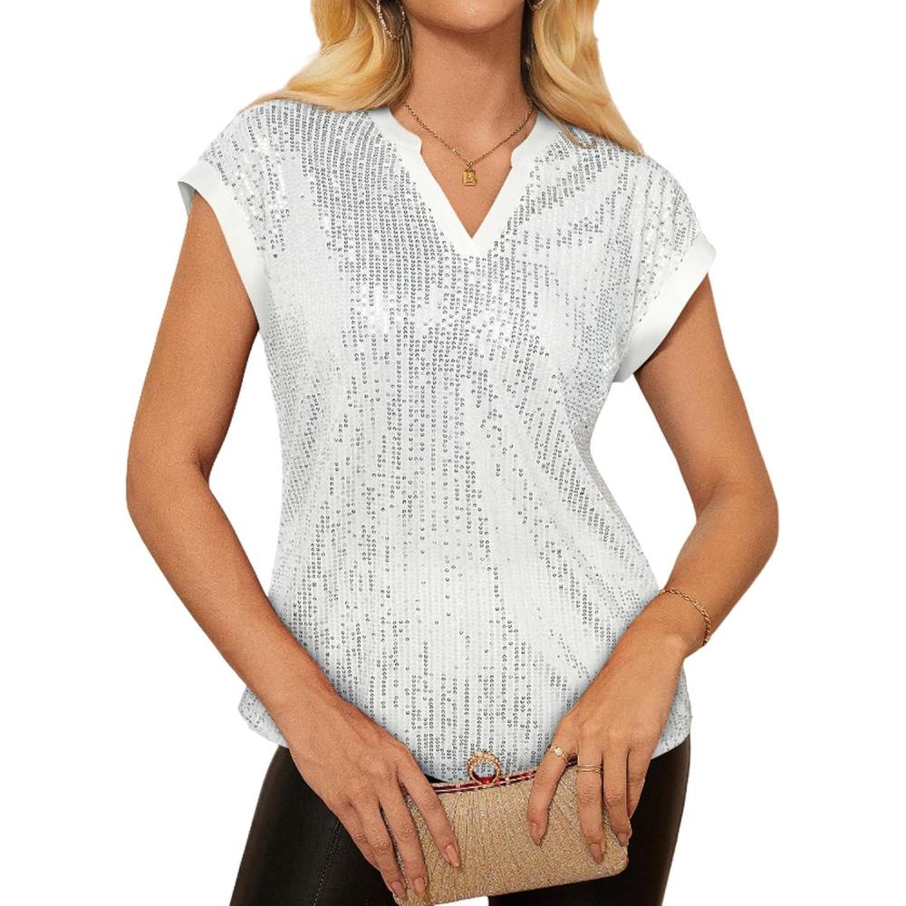 imageGRACE KARIN Womens Sequin Sparkly Tops Cap Sleeve Dressy Blouses Glitter Party Tops V Neck Disco Shirts Club Concert OutfitsSilver
