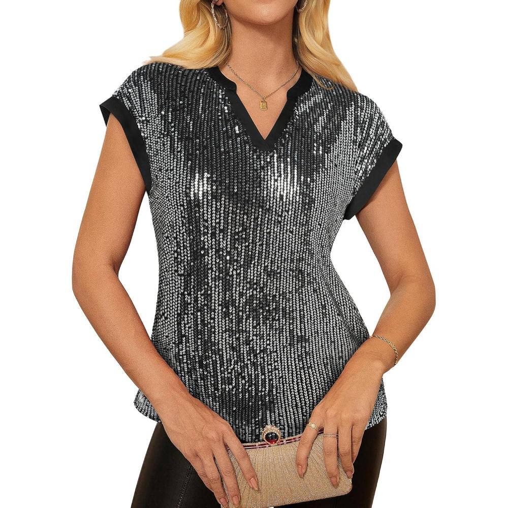 imageGRACE KARIN Womens Sequin Sparkly Tops Cap Sleeve Dressy Blouses Glitter Party Tops V Neck Disco Shirts Club Concert OutfitsSilver Black