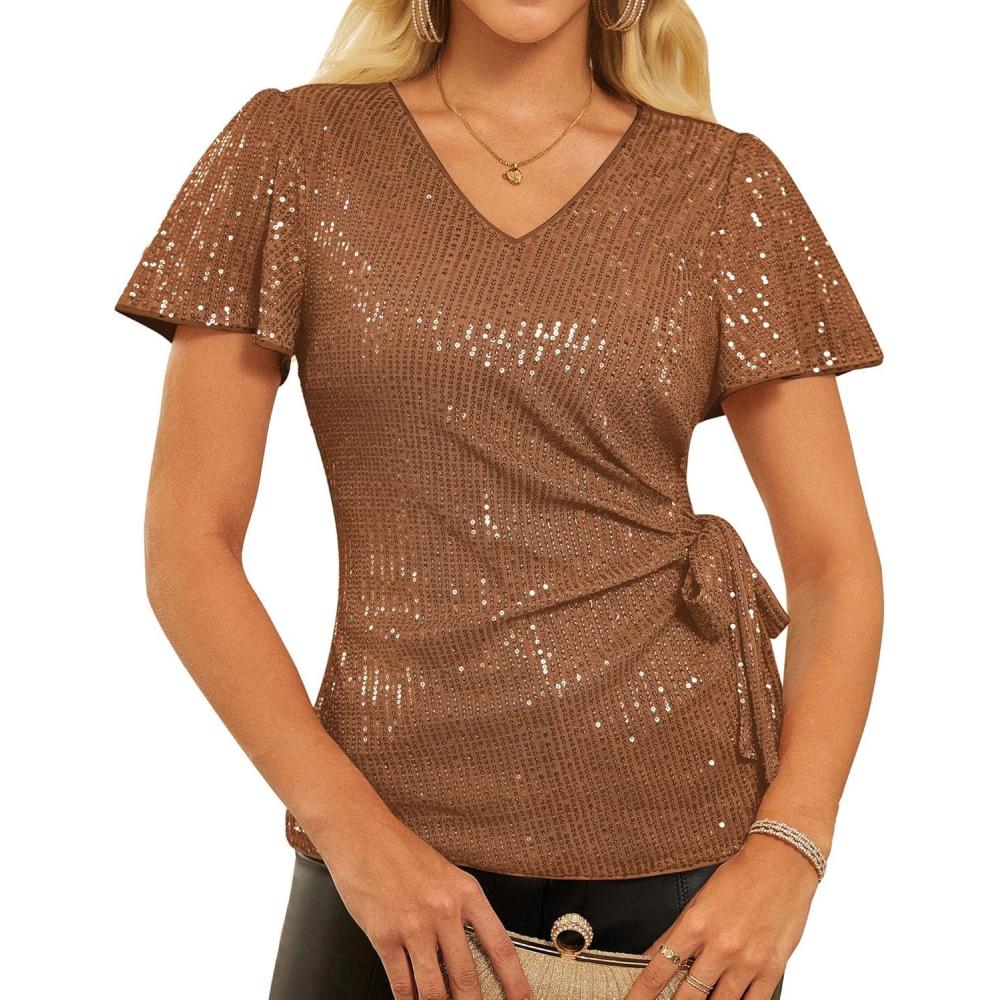 imageGRACE KARIN Womens Sequin Tops 2025 Ruffle Sleeve Sparkly Shirt Glitter Party Blouses Dressy Concert Disco OutfitsBrown