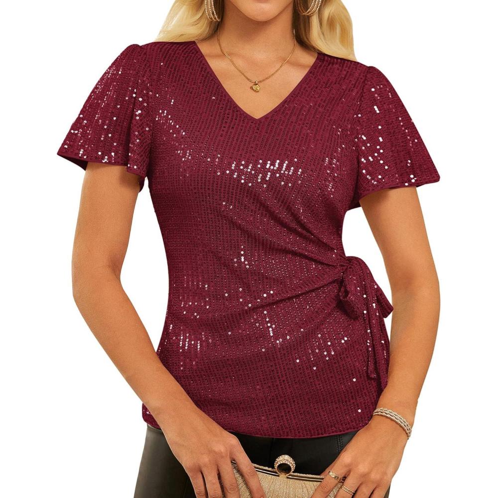 imageGRACE KARIN Womens Sequin Tops 2025 Ruffle Sleeve Sparkly Shirt Glitter Party Blouses Dressy Concert Disco OutfitsBurgundy