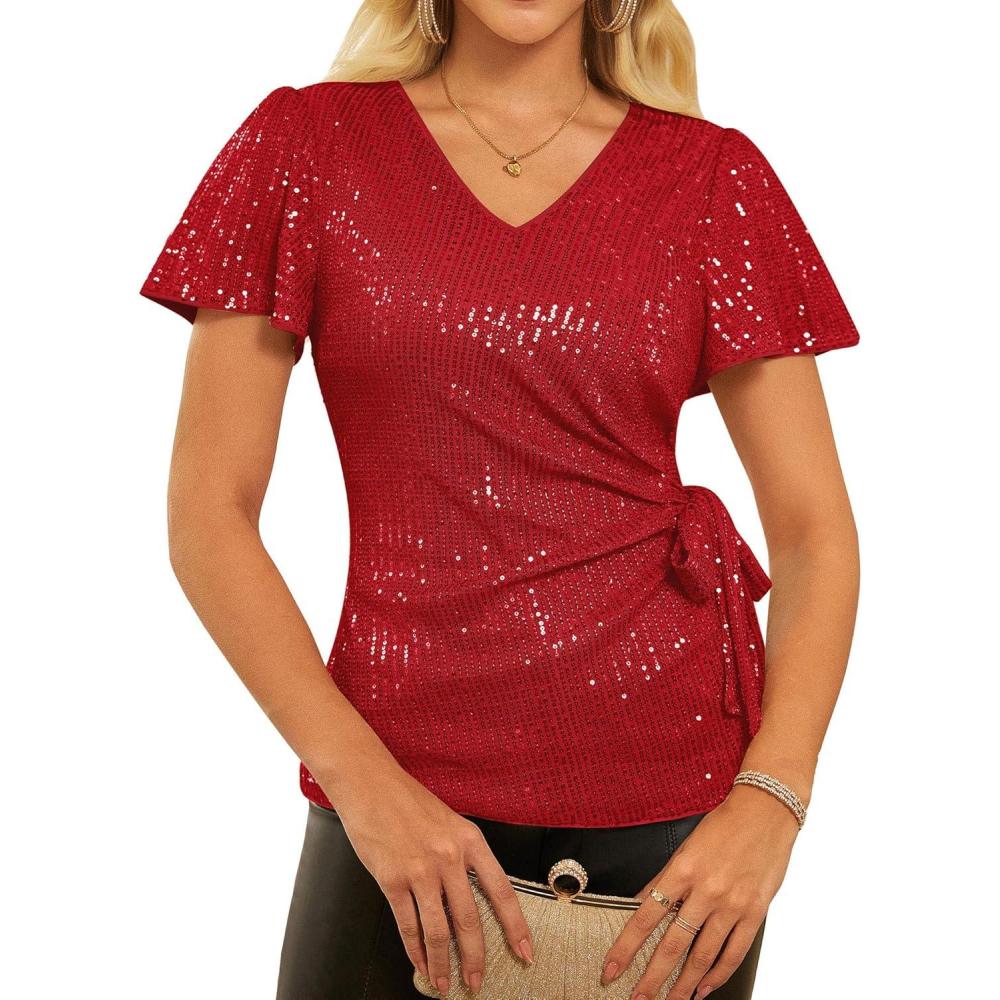 imageGRACE KARIN Womens Sequin Tops 2025 Ruffle Sleeve Sparkly Shirt Glitter Party Blouses Dressy Concert Disco OutfitsRed