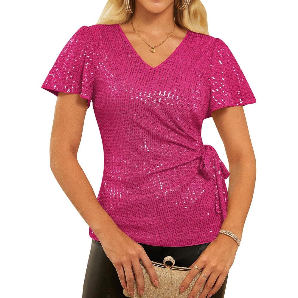 imageGRACE KARIN Womens Sequin Tops 2025 Ruffle Sleeve Sparkly Shirt Glitter Party Blouses Dressy Concert Disco OutfitsRose Red