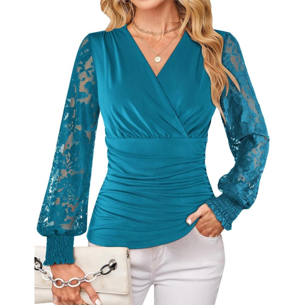 imageGRACE KARIN Womens Tops Dressy Casual Elegant Lace Sleeve Shirts Wrap Ruched Blouses 2026 Spring Fashion OutfitsBlue Green