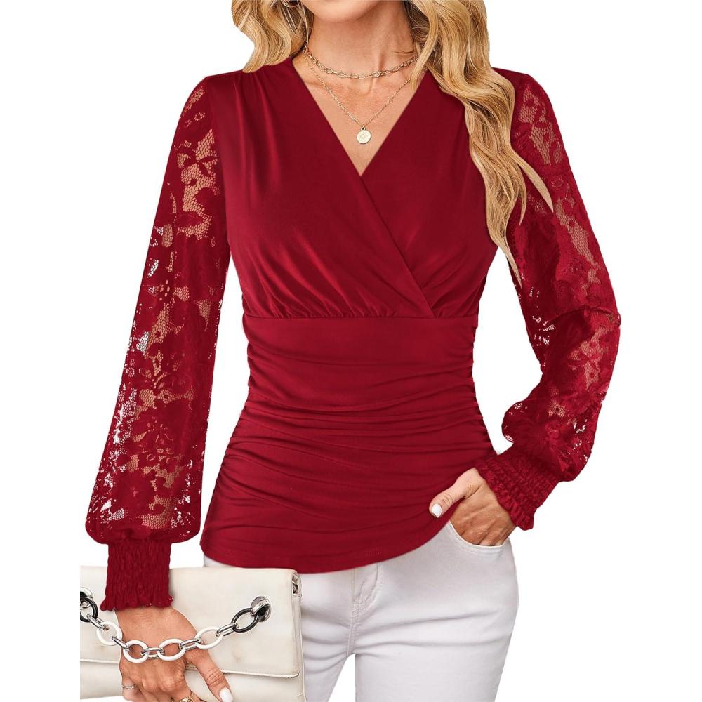 imageGRACE KARIN Womens Tops Dressy Casual Elegant Lace Sleeve Shirts Wrap Ruched Blouses 2026 Spring Fashion OutfitsBurgundy