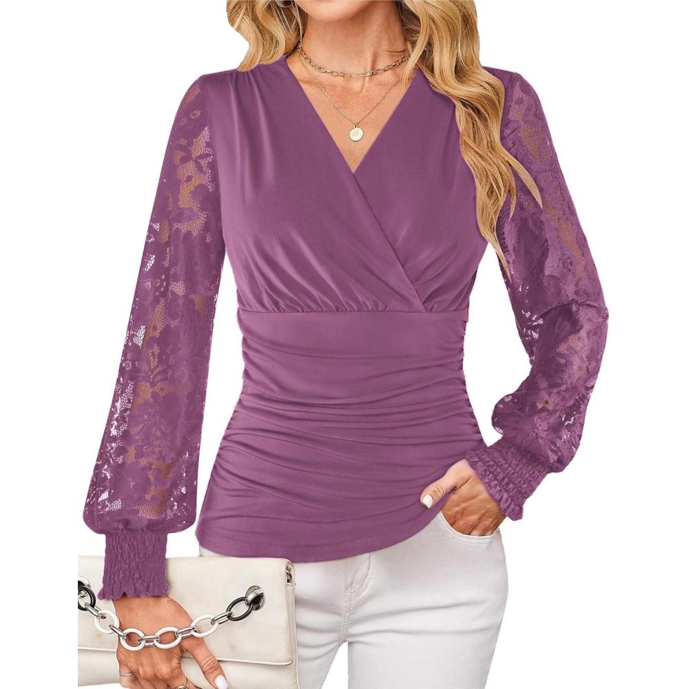 imageGRACE KARIN Womens Tops Dressy Casual Elegant Lace Sleeve Shirts Wrap Ruched Blouses 2026 Spring Fashion OutfitsDusty Purple