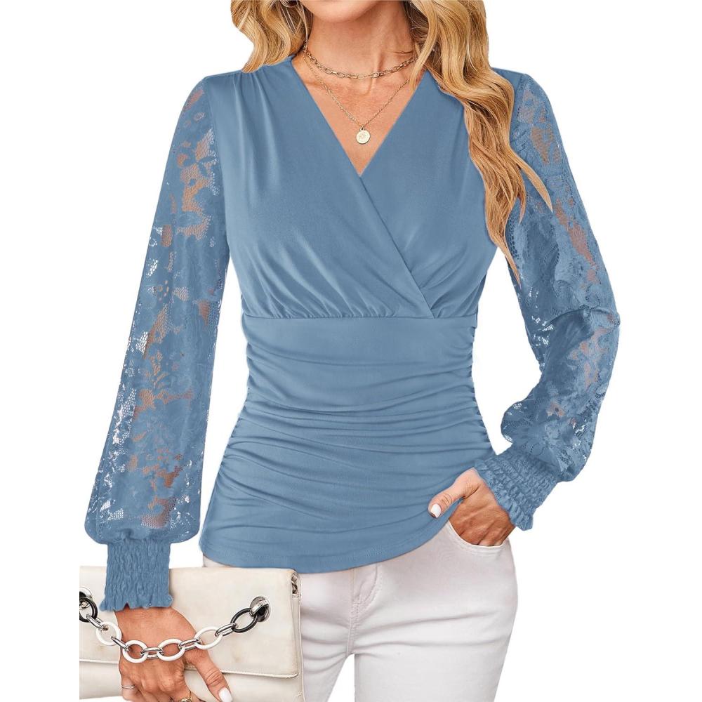 imageGRACE KARIN Womens Tops Dressy Casual Elegant Lace Sleeve Shirts Wrap Ruched Blouses 2026 Spring Fashion OutfitsHaze Blue