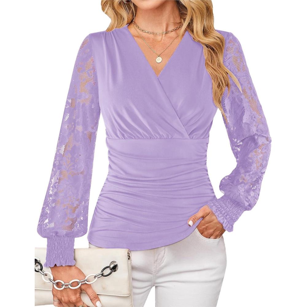 imageGRACE KARIN Womens Tops Dressy Casual Elegant Lace Sleeve Shirts Wrap Ruched Blouses 2026 Spring Fashion OutfitsPurple