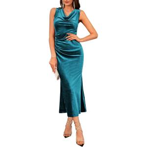 GRACE KARIN 2025 Velvet Wedding Guest Dresses for Women, Winter Formal Cocktail Maxi Dress, Cowl Neck Mermaid Evening Gown(Blue Green)