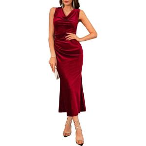 GRACE KARIN 2025 Velvet Wedding Guest Dresses for Women, Winter Formal Cocktail Maxi Dress, Cowl Neck Mermaid Evening Gown(Bright Red)